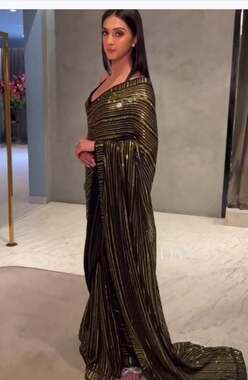 Black Georgette Striped Sequins Saree Set